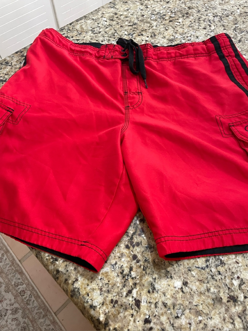 Men’s OP red & black Mesh Lined Swim Shorts with cargo pockets black drawstring